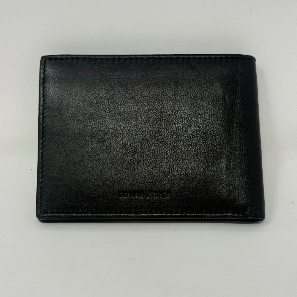 Perry Ellis Portfolio Mens Black‎ Genuine Leather Bifold Wallet with ID Window